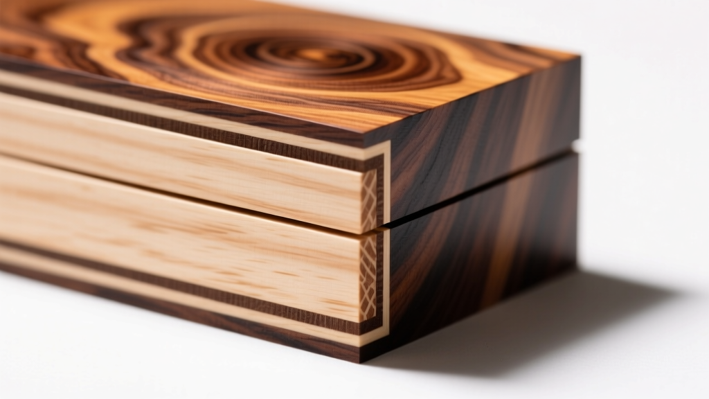 Close-up cross-section of a jewelry box edge showing 1.5mm thick burlwood veneer glued to a stable poplar hardwood core
