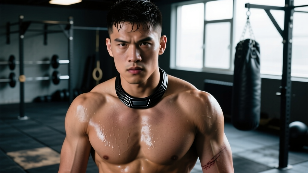 Close-up of a muscular MMA fighter wearing a matte black titanium and silicone fighting necklace in a dimly lit gym
