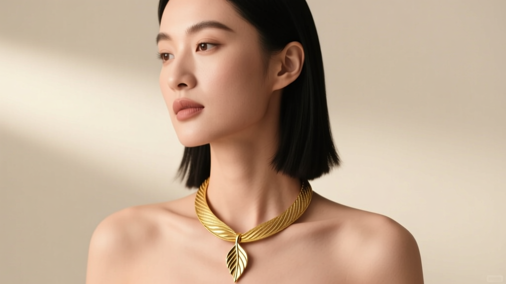 Elegant woman wearing a thick 14k yellow gold open choker necklace with a brushed finish, photographed in soft studio lighting.
