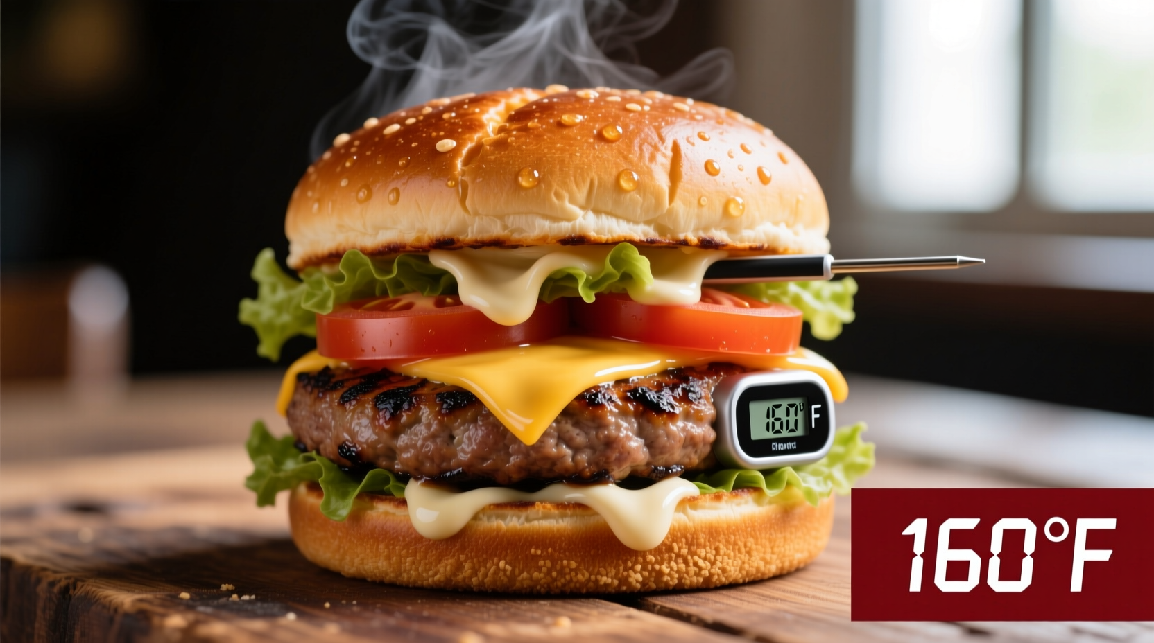 Perfectly cooked hamburger with thermometer showing 160 degrees