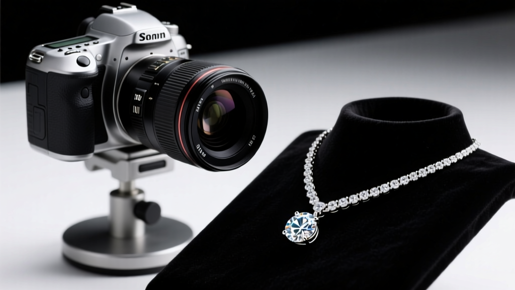 Close-up of a DSLR camera with a 100mm macro lens on a copy stand, pointing down at a diamond pendant necklace on black velvet.