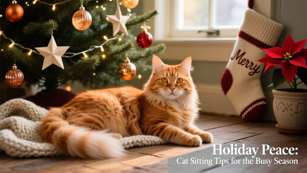 A long-haired ginger tabby cat lying peacefully beside a gently decorated Christmas tree