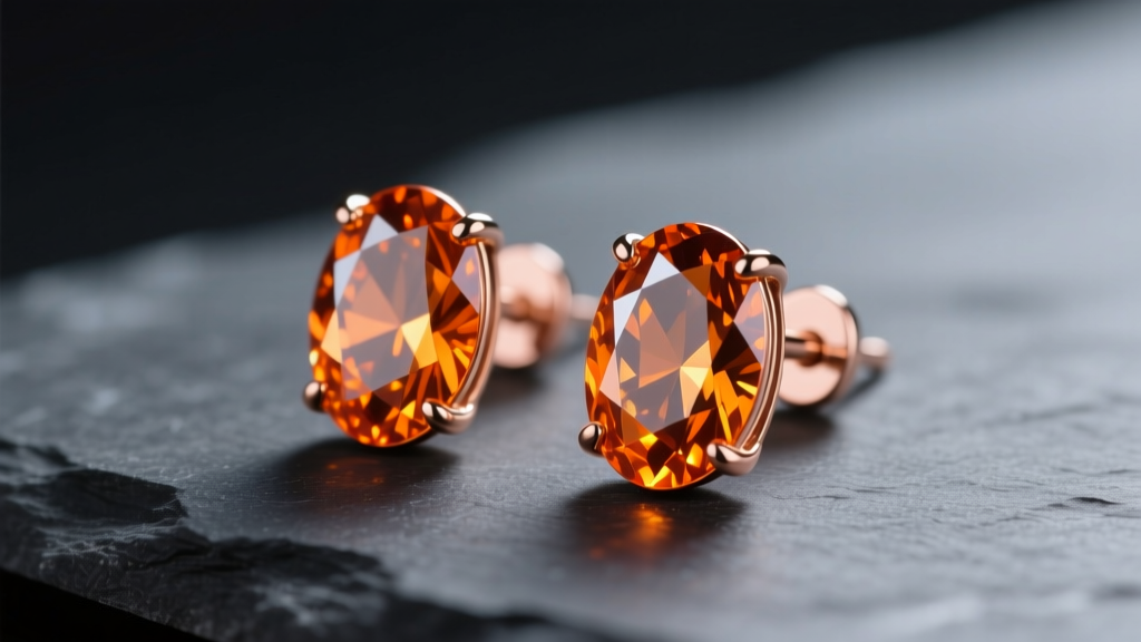 Macro of oval orange sapphire stud earrings in 18k rose gold on dark slate, soft lighting highlighting vibrant gemstone facets.