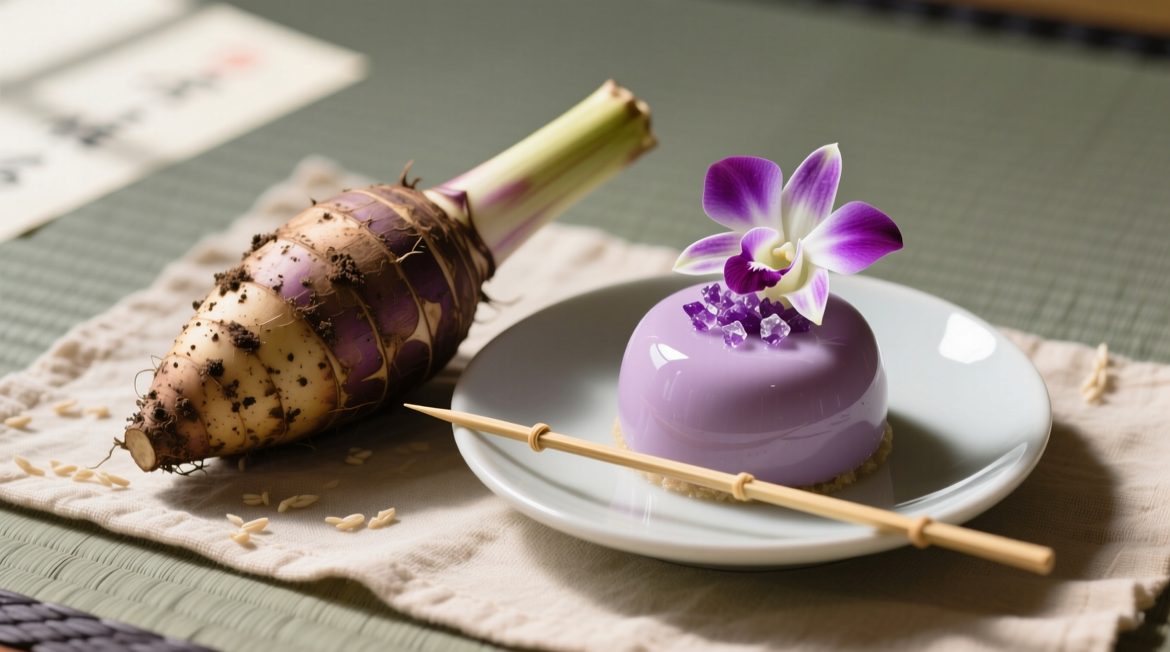 Fresh taro root beside prepared purple taro dessert