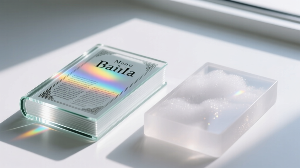 Macro shot of laser-etched optical glass nano bible insert beside cloudy resin version, highlighting clarity and light refraction.