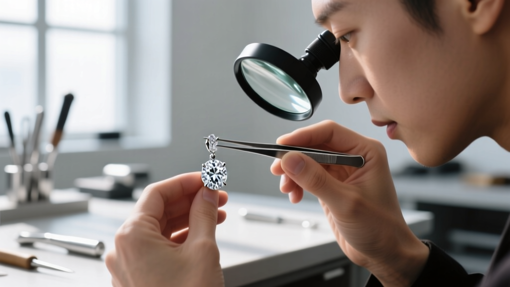 Jeweler using tweezers to inspect a platinum leverback diamond drop earring under a magnifying loupe in a brightly lit workshop