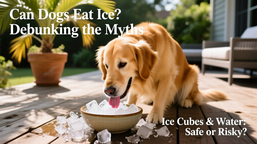 Dog happily licking crushed ice from a shallow bowl on a sunny patio