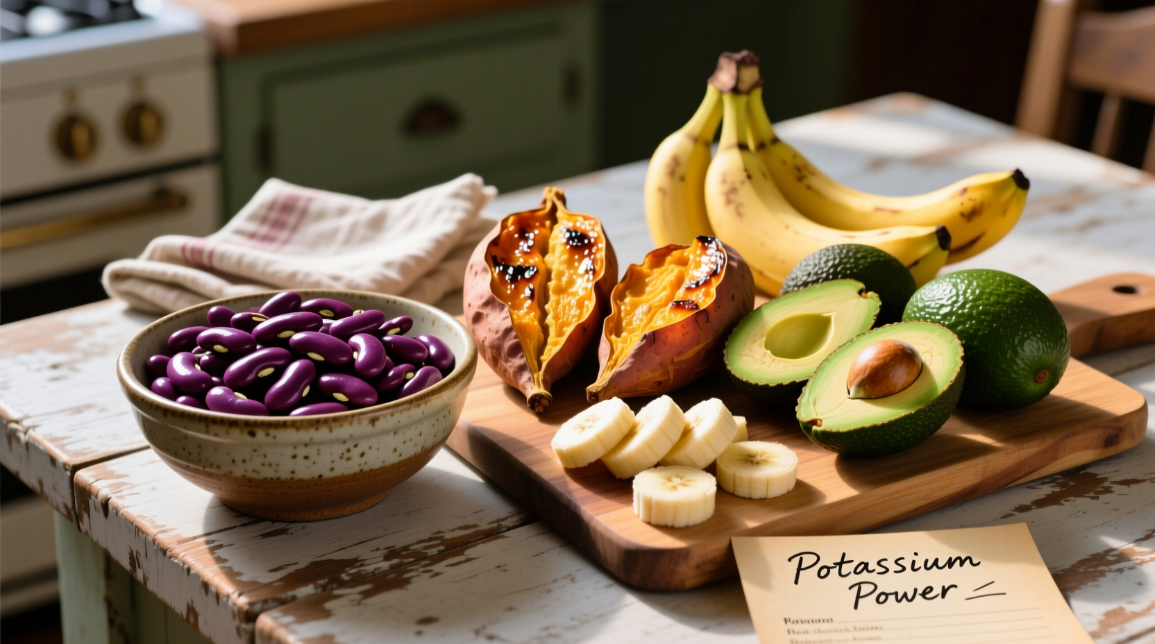 Colorful display of potassium-rich foods including beans and sweet potatoes