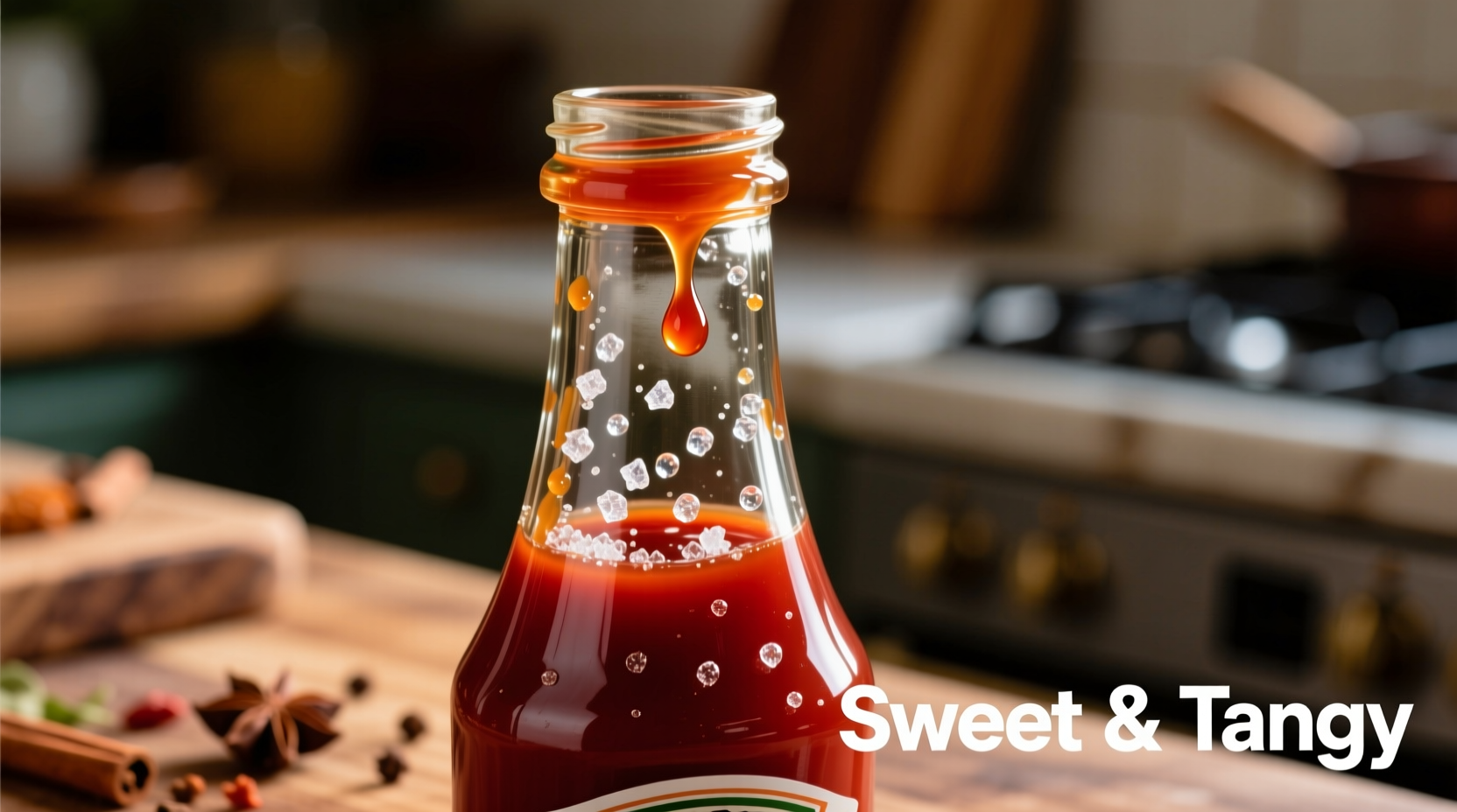 Close-up of ketchup bottle with sugar crystals
