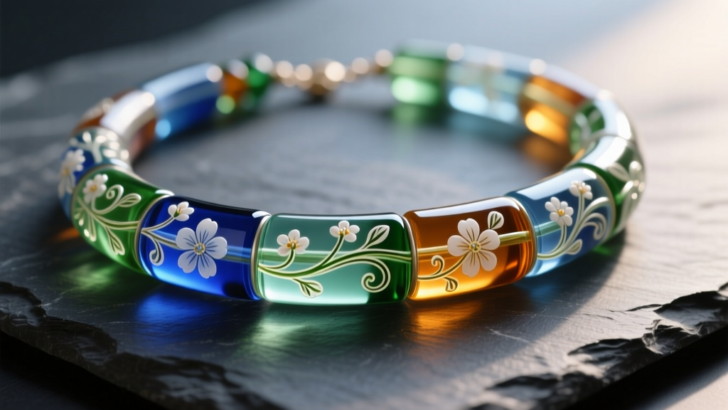 Close-up of a vibrant Murano glass beaded tube necklace on dark slate, highlighting intricate floral patterns inside the glass tubes.