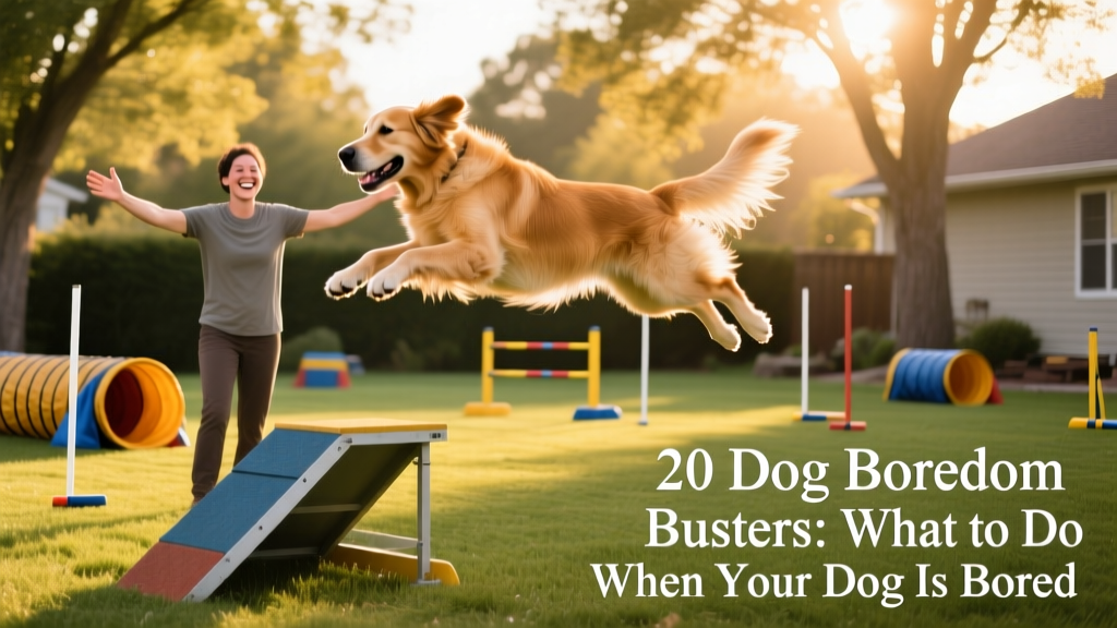 Dog mid-air during an agility jump, owner encouraging with open arms