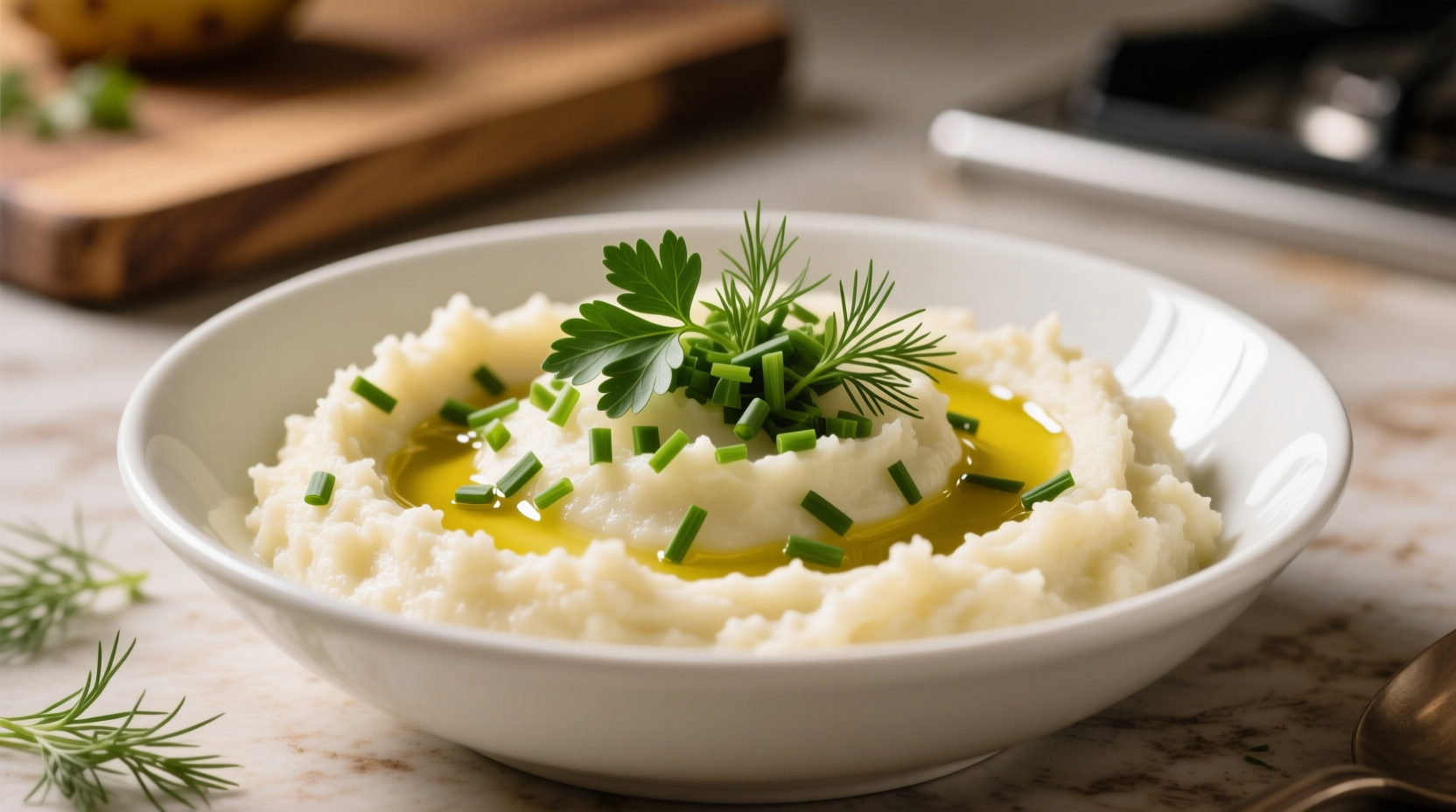 Creamy potato cauliflower mash in white bowl with fresh herbs