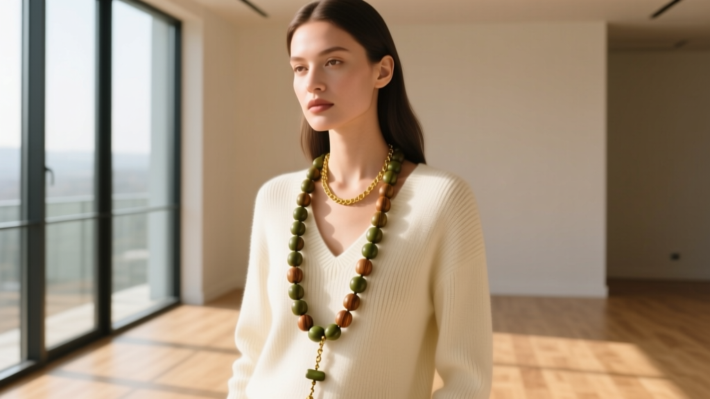 Model wearing a 28-inch olive wood rosary over a cream v-neck sweater, layered with a delicate gold chain in warm indoor lighting.