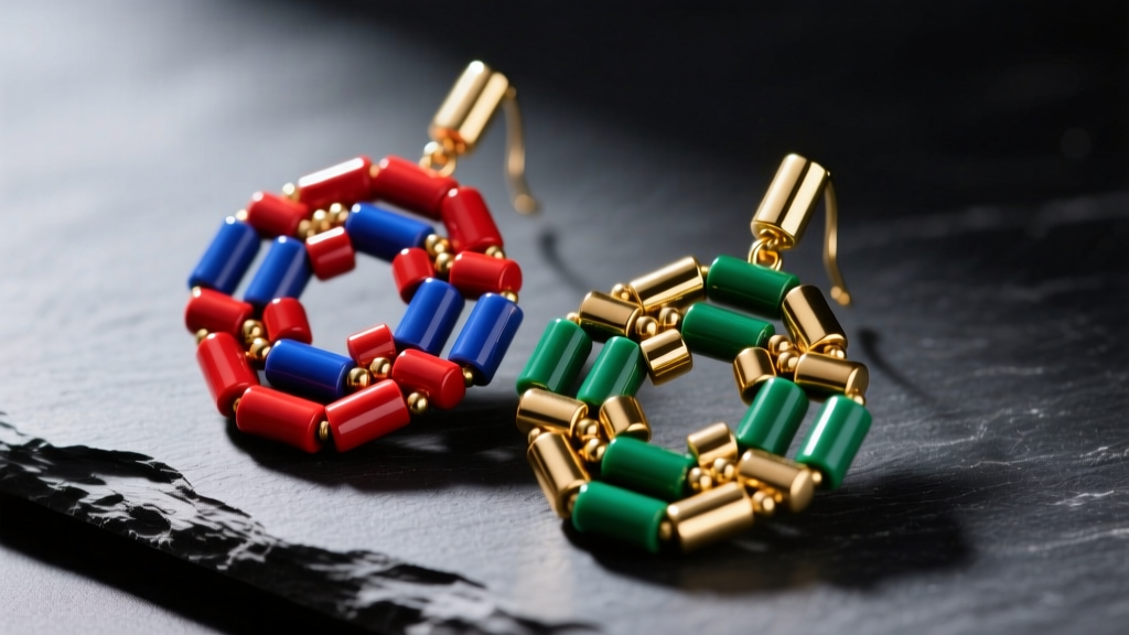Close-up of geometric brick stitch beaded earrings on dark slate, highlighting tight interlocking vibrant cylinder beads.