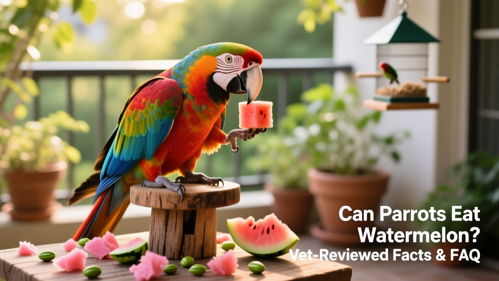 A colorful macaw holding a small cube of watermelon in its beak, perched on a wooden stand with scattered fruit bits nearby