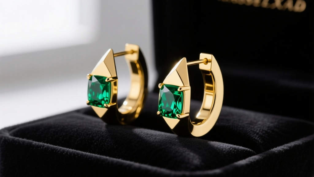 18k yellow gold medium hoop earrings featuring bezel-set vibrant green emeralds resting on a dark velvet jewelry display pad