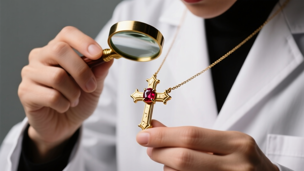 Jeweler using a loupe to inspect worn 14k gold prongs securing a ruby in a cross necklace setting under bright studio lighting.