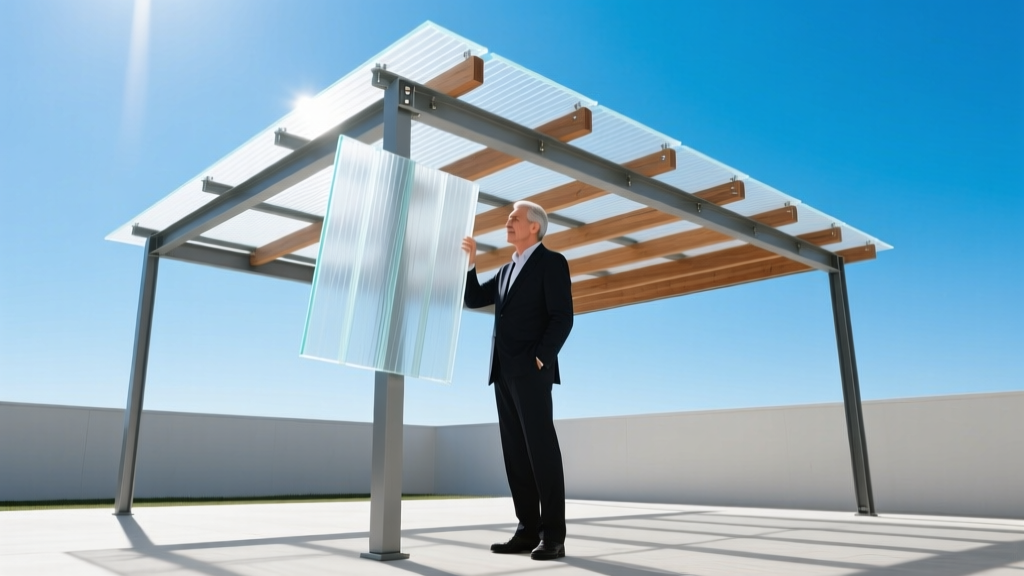 Architect holding a translucent multiwall polycarbonate plastic roofing panel against a bright sky next to a modern pergola frame