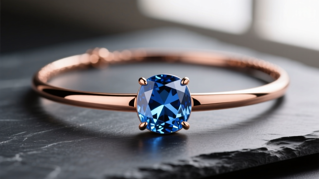 Elegant macro photography of a rose gold Pomellato Nudo necklace featuring a faceted blue topaz gemstone resting on dark slate