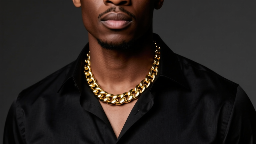 Man wearing a 20-inch solid 14k gold Cuban chain, photographed from the collarbone up against a dark, moody studio backdrop