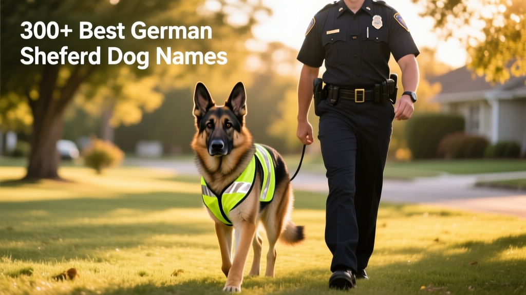 A focused German Shepherd wearing a reflective vest, walking confidently beside a handler in uniform