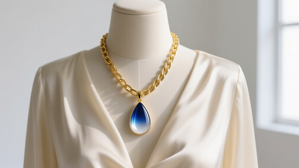 14k yellow gold box chain holding a custom color-resin teardrop pendant draped over a mannequin wearing a cream silk blouse.