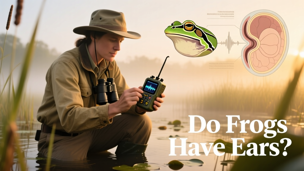 Conservationist using a portable audio recorder to monitor frog calls in a wetland habitat