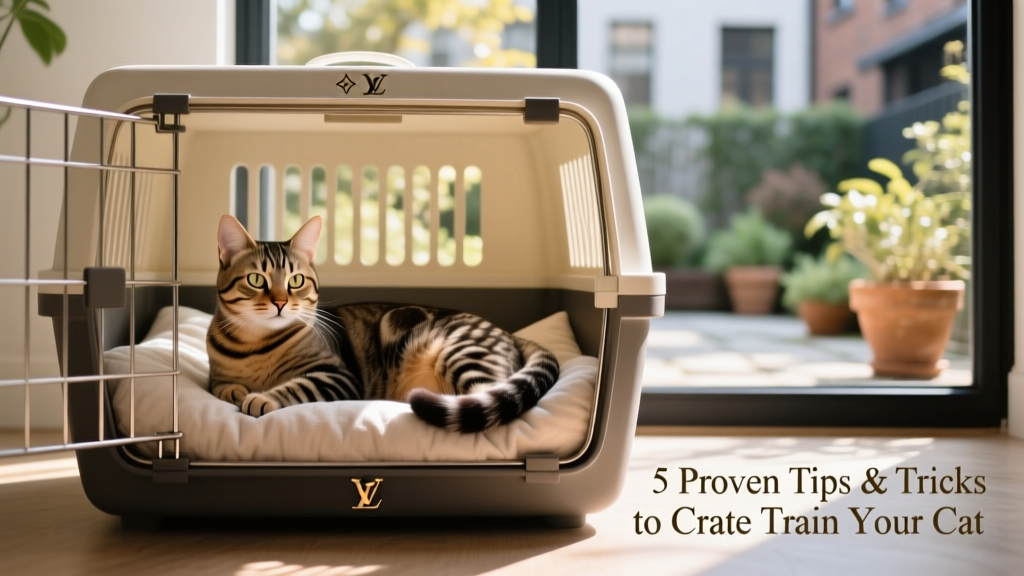 A confident cat lounging inside a cozy, well-appointed crate with a window view, tail curled peacefully