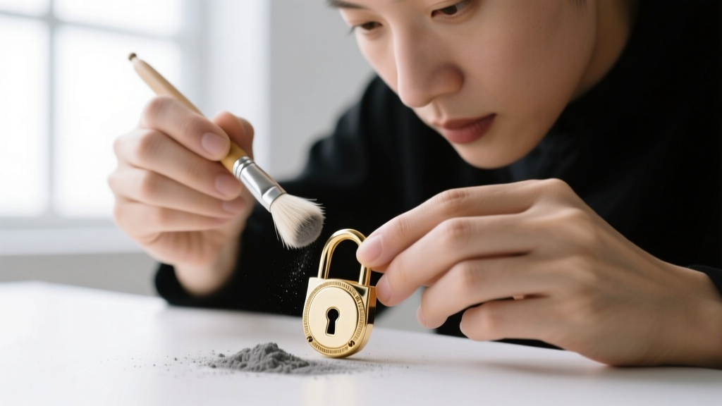 Jeweler using a soft brush and graphite powder to maintain the functional screw mechanism of a 14k white gold padlock pendant