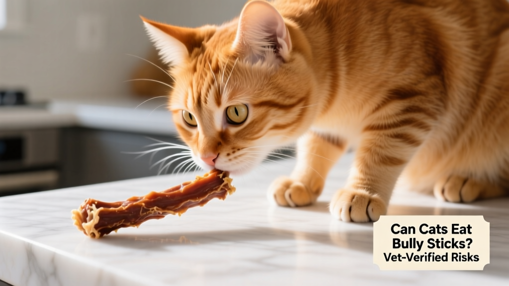 Close-up of a cat cautiously sniffing a bully stick on a clean surface