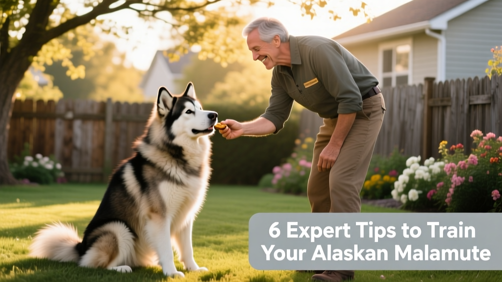 Trainer giving a treat to an Alaskan Malamute who has just sat on command in a backyard setting