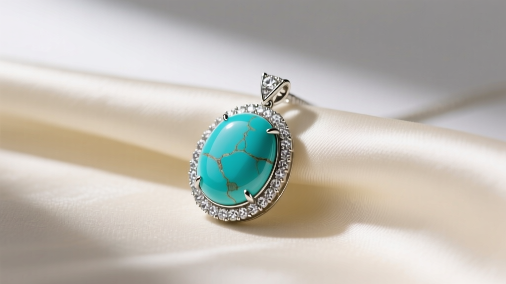 Close-up of a natural Kingman turquoise pendant with a diamond halo, resting on cream silk fabric with soft directional lighting