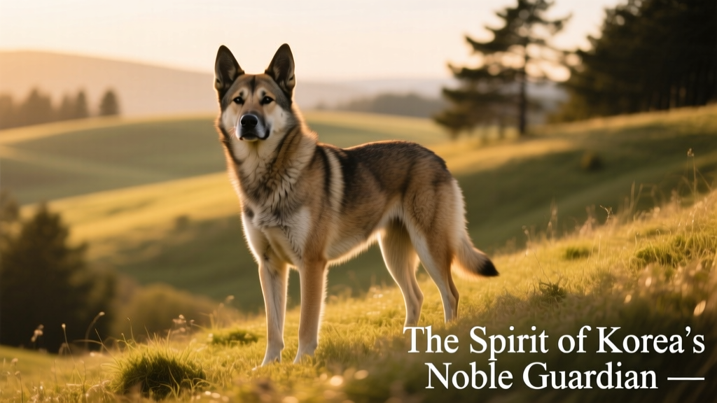A sleek, alert Korean Jindo standing proudly on a grassy hillside, showcasing its triangular head and erect ears