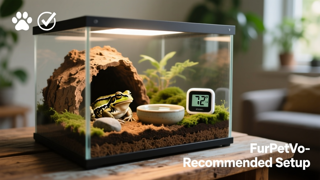 A clean, well-equipped toad terrarium with substrate, hiding spot, shallow water dish, and digital thermometer—showcasing FurPetVo-recommended setup