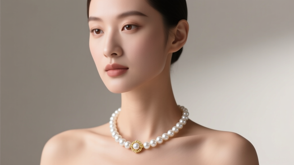 Elegant woman wearing a classic 18-inch 7.5mm white Akoya real pearl necklace with a 14k white gold clasp, soft studio lighting