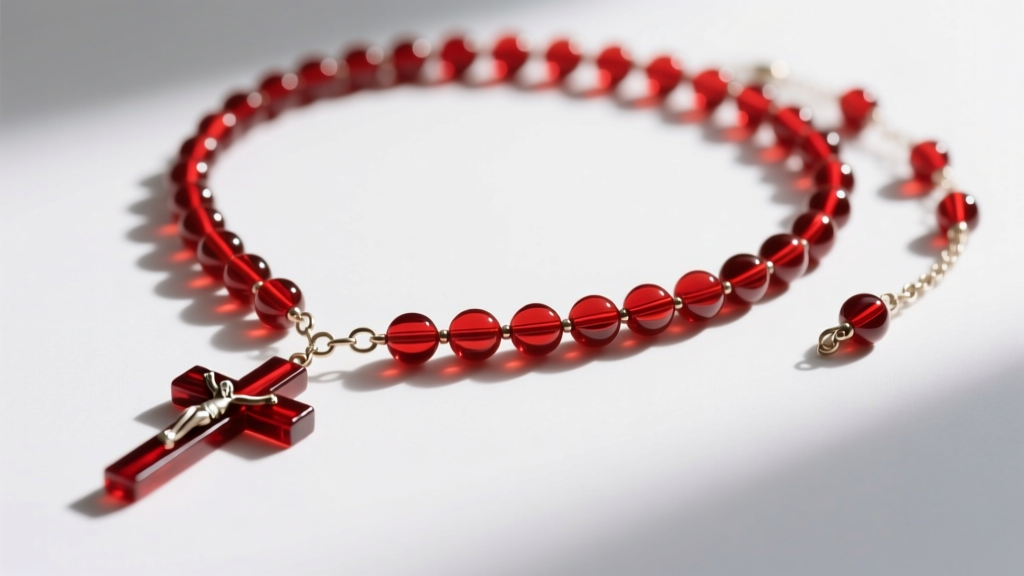 Flat lay of a completed five-decade red glass rosary necklace, illustrating the precise loop drop and tail length measurements.