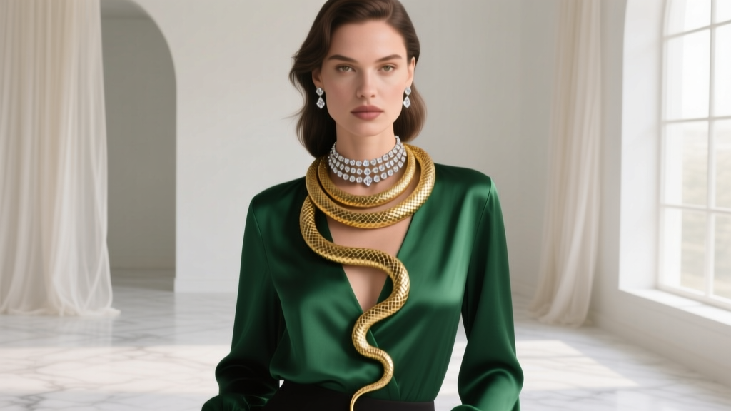 Woman wearing a layered tubular gold snake chain and a diamond-accented serpent lariat necklace over a deep V-neck silk blouse.