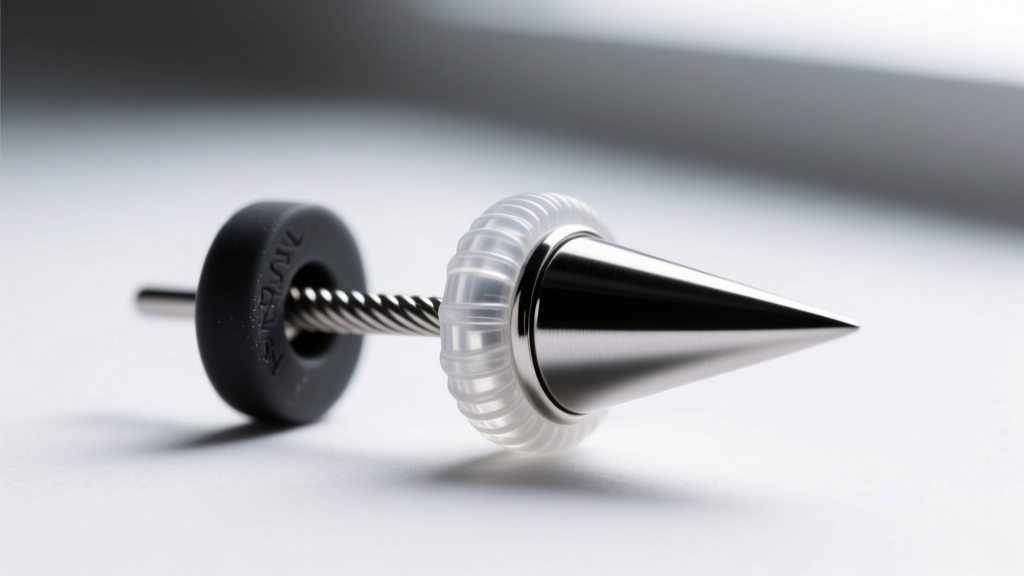 Macro shot of a 16-gauge titanium earring wire holding a heavy metal spike, showing a reinforced silicone lobe backing clearly