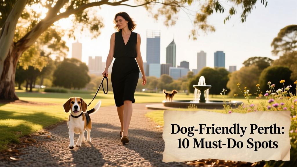 A woman walking a beagle along a leafy path near Perth
