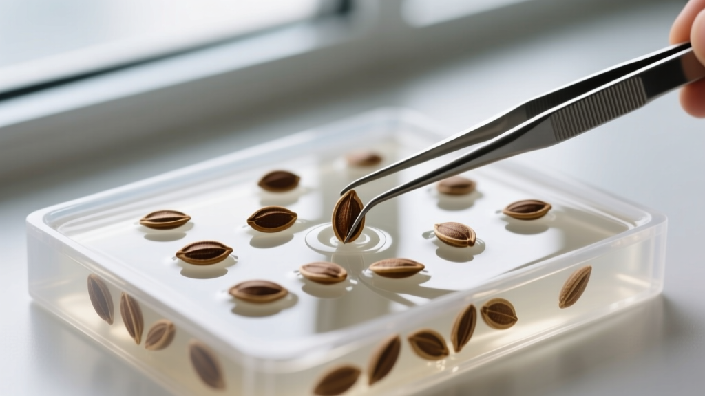 Close-up of a silicone mold filled with clear bio-epoxy resin, tiny brown hemp seeds carefully placed inside using metal tweezers