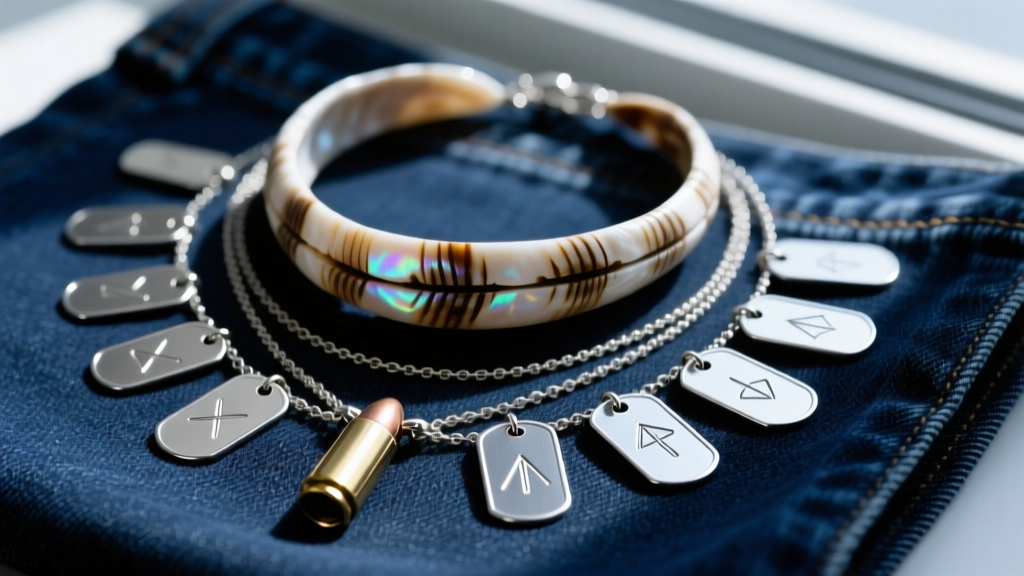 Flat lay of a layered necklace set featuring a puka shell choker, silver dog tags, and a bullet casing pendant on dark denim.