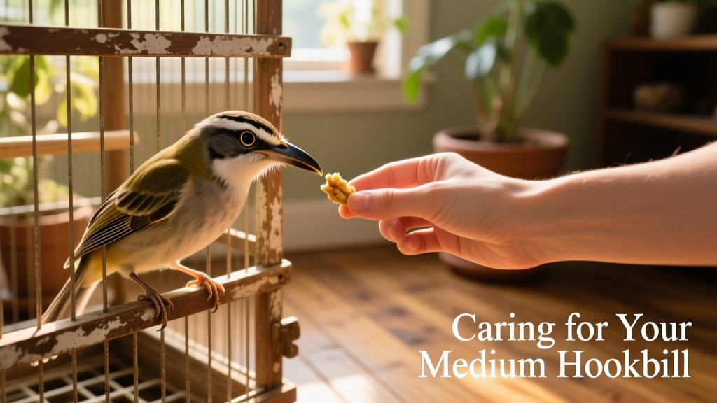 A gentle hand offering a treat to a medium hookbill through cage bars, illustrating calm, trust-building interaction