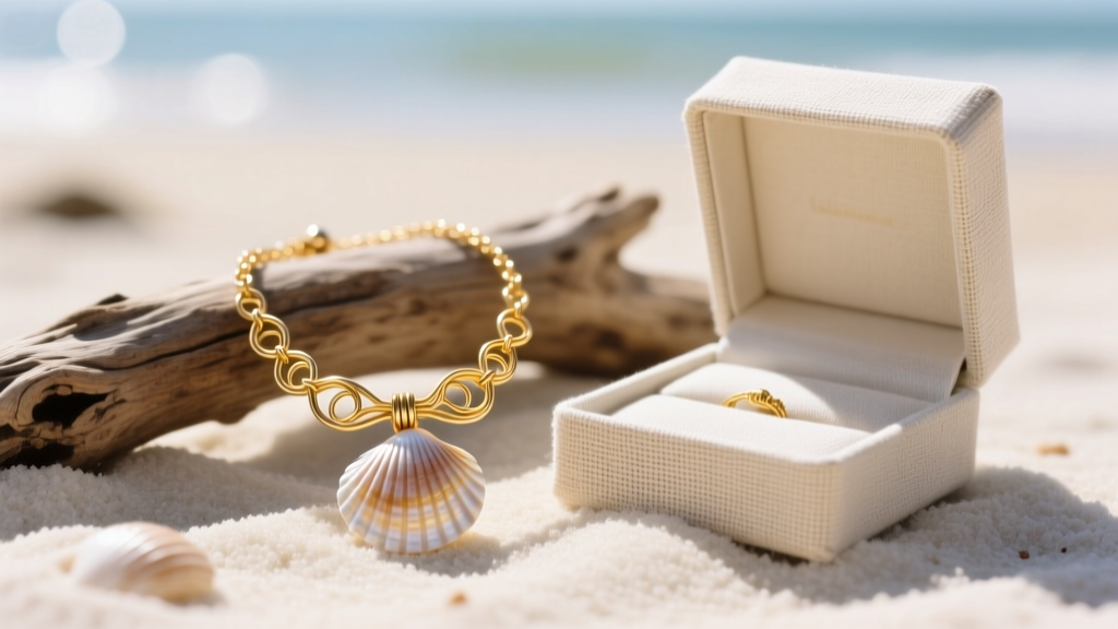 Delicate 14k gold wire-wrapped jingle shell necklace resting on white sand beside driftwood and an open linen jewelry gift box.