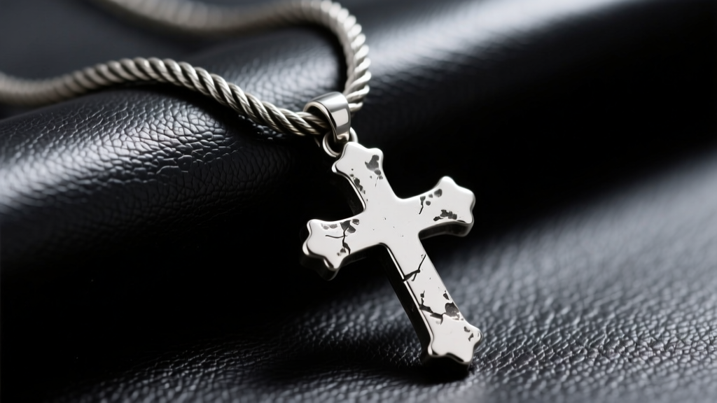 Close-up of a heavy, distressed 925 sterling silver cross pendant resting on a thick 5mm steel rope chain against dark leather