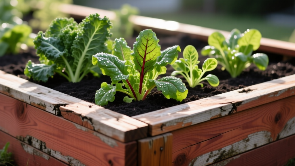 Close-up of weathered western red cedar planks forming a raised garden bed filled with dark soil and vibrant green leafy vegetables