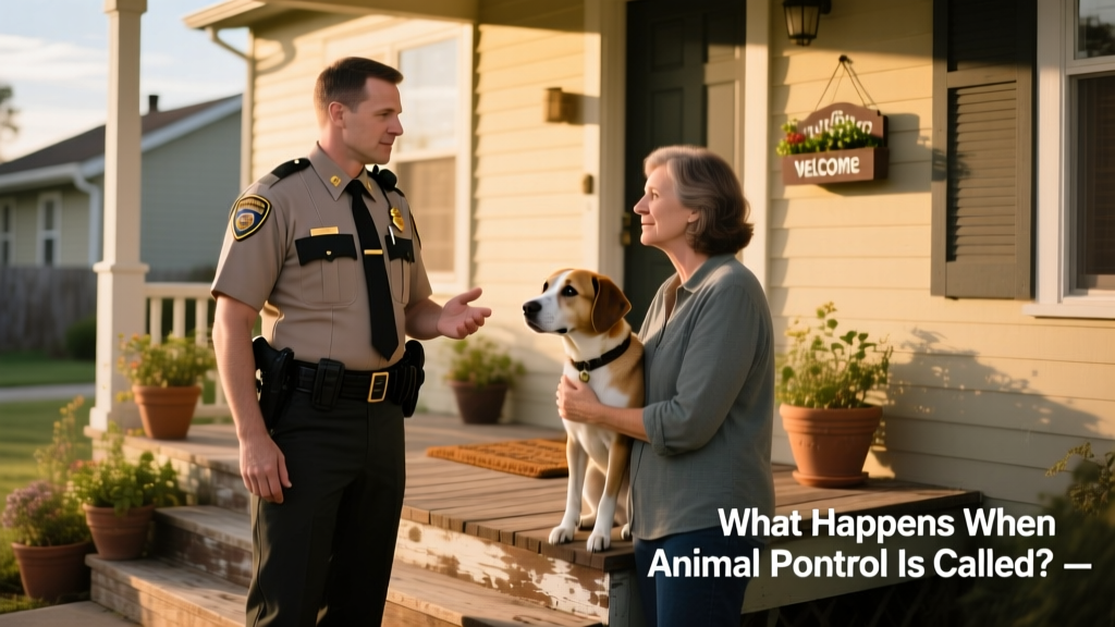 Animal control officer speaking calmly with a pet owner on their front porch