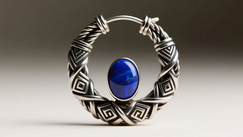 Macro shot of a heavy statement earring showing thick 14-gauge silver wire, intricate tribal metalwork, and a lapis cabochon
