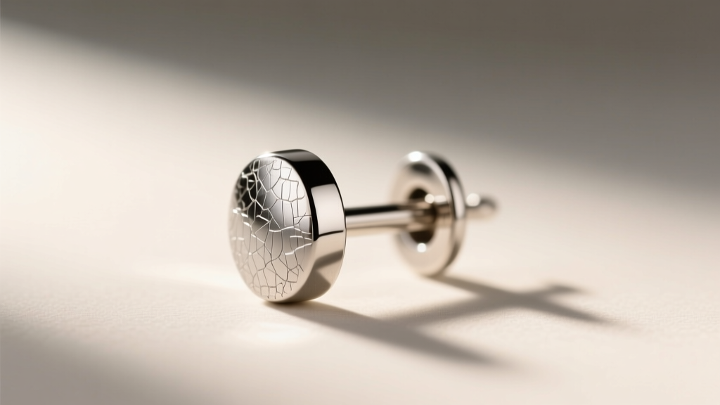 Macro view of a titanium earring post's internal threads under a loupe, showing precise machining and smooth, polished metal edges