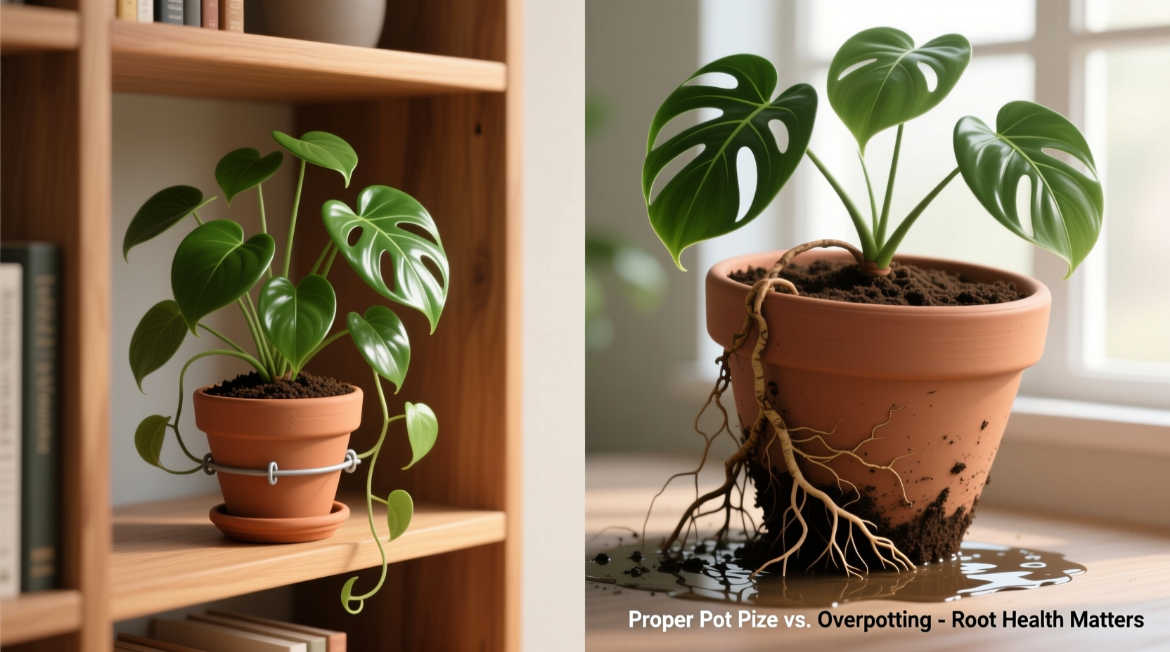 Side-by-side comparison: a climbing philodendron in a correctly sized 6-inch pot anchored securely on a wooden bookshelf versus the same plant in a 10-inch pot, visibly tilting forward with exposed, circling roots and damp soil surface
