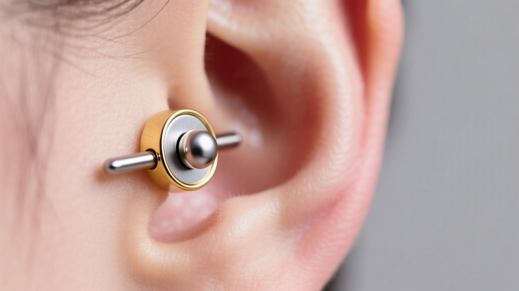 Close-up of an earlobe wearing an implant-grade titanium flat back labret with a gold bezel, shown in soft clinical lighting.